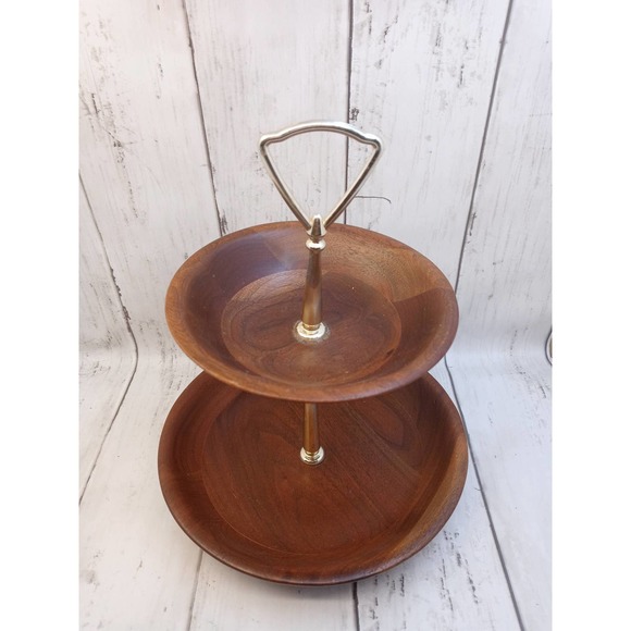 Vintage Ozark Walnutware Canape Tray 2 Tier Solid Walnut w/ Gold Handle (shelf) - Picture 2 of 5